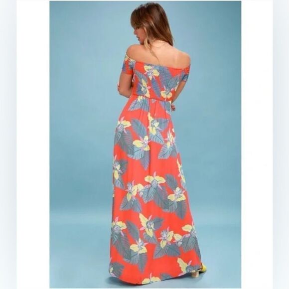 LULU'S Patsy Tropical Floral Smocked Off-Shoulder Maxi Dress Size L - Picture 7 of 12